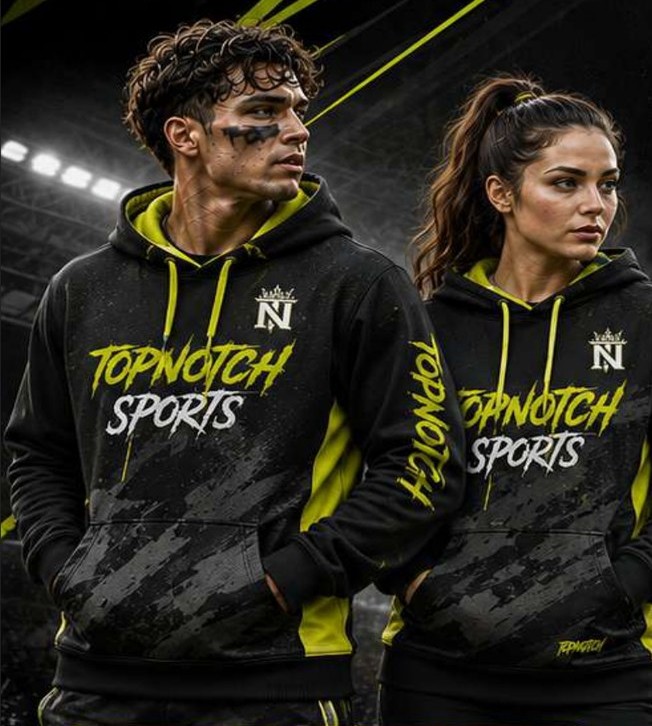 Two athletes in matching black and gold Top Notch Sports custom hoodies