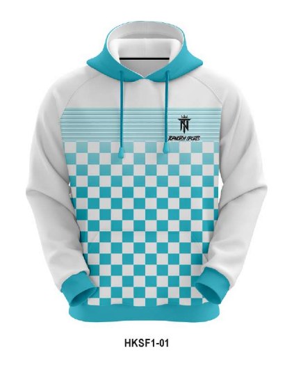 The same hoodie design in the catalog teal and white colorway